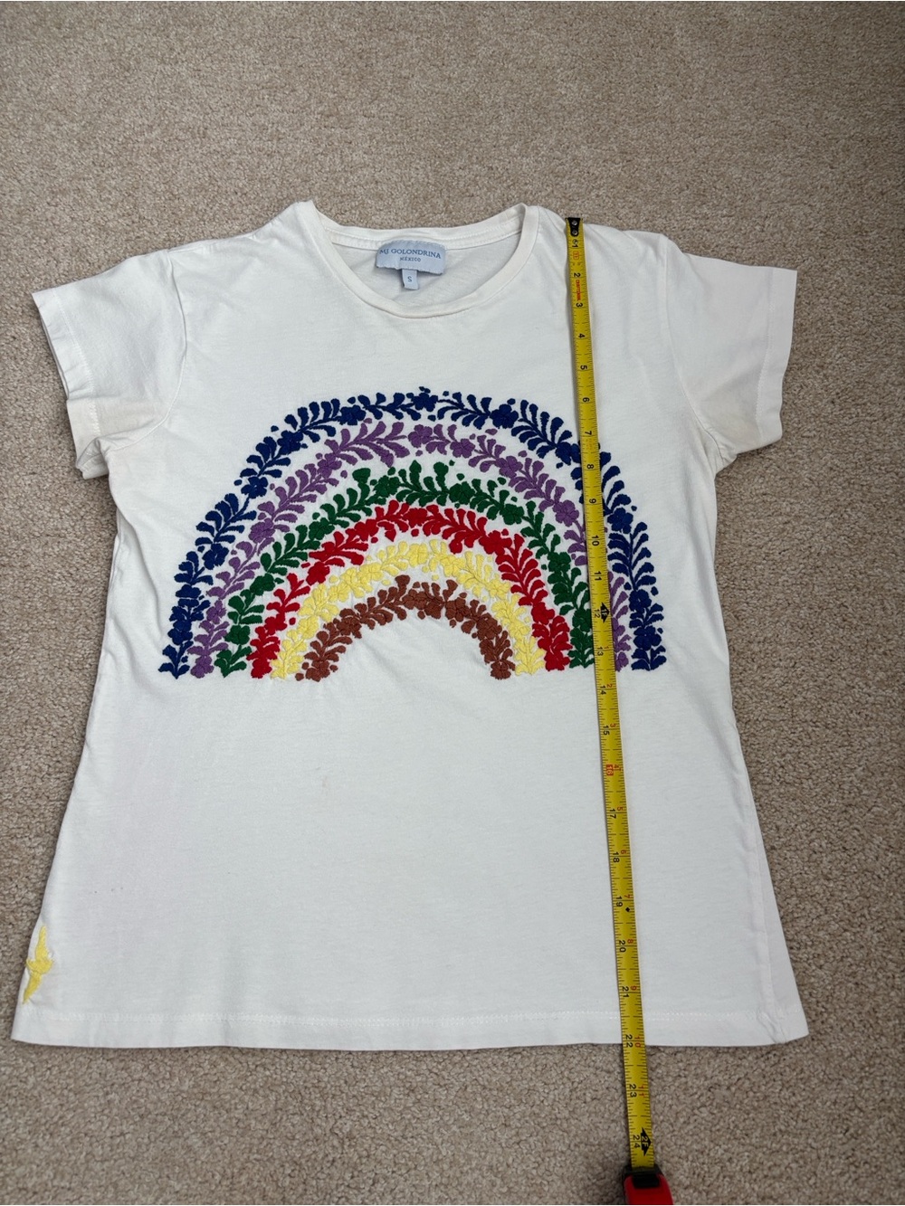 Mi Golondrina short-sleeve t-shirt w/ colorful embroidered rainbow design, Small - Picture 4 of 6
